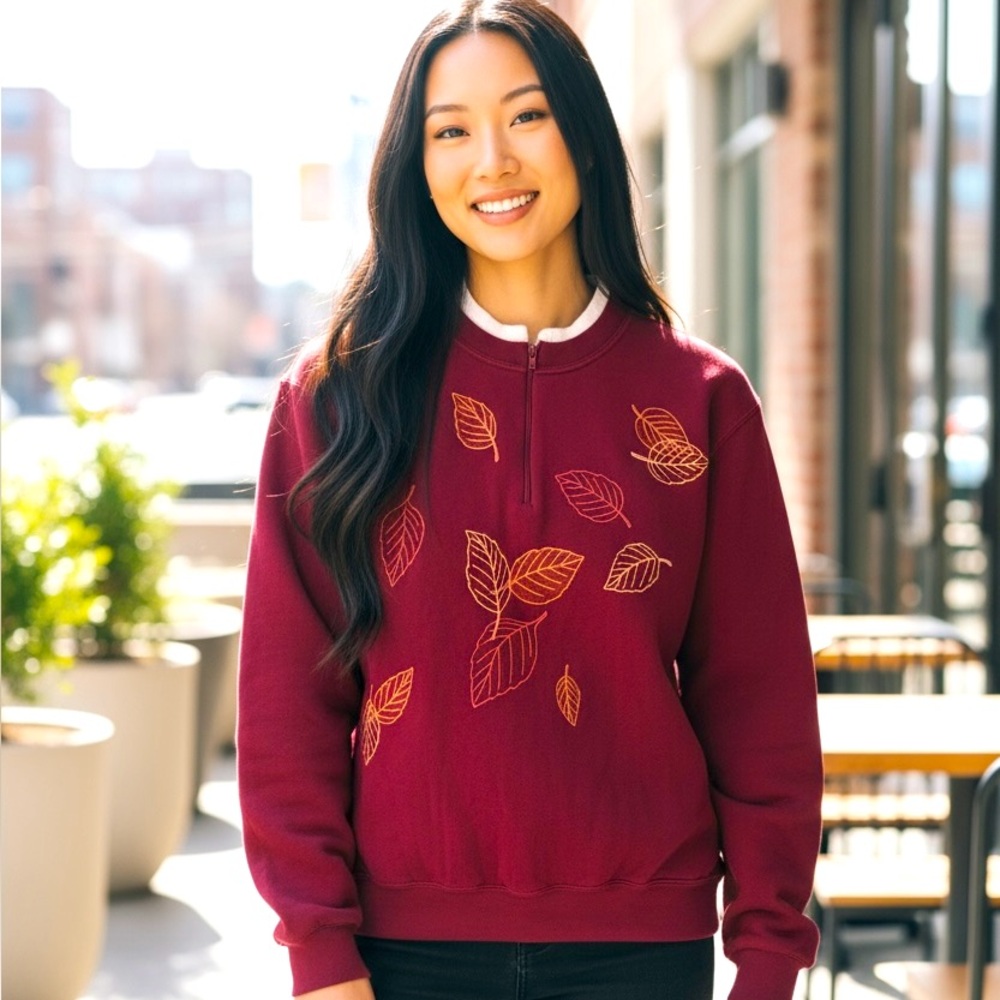 Morning Sun Vintage Burgundy Leaf Print half zip Women's Sweatshirt Size M